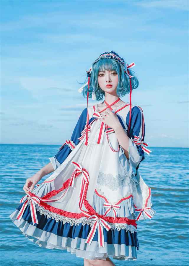 春夏新作ゴスロリワンピース ドレス ロリィタ OP七分袖 膝丈 Lolita ロリータ コスプレ コスプレ 日常 可愛い洋服キュート中華風海軍